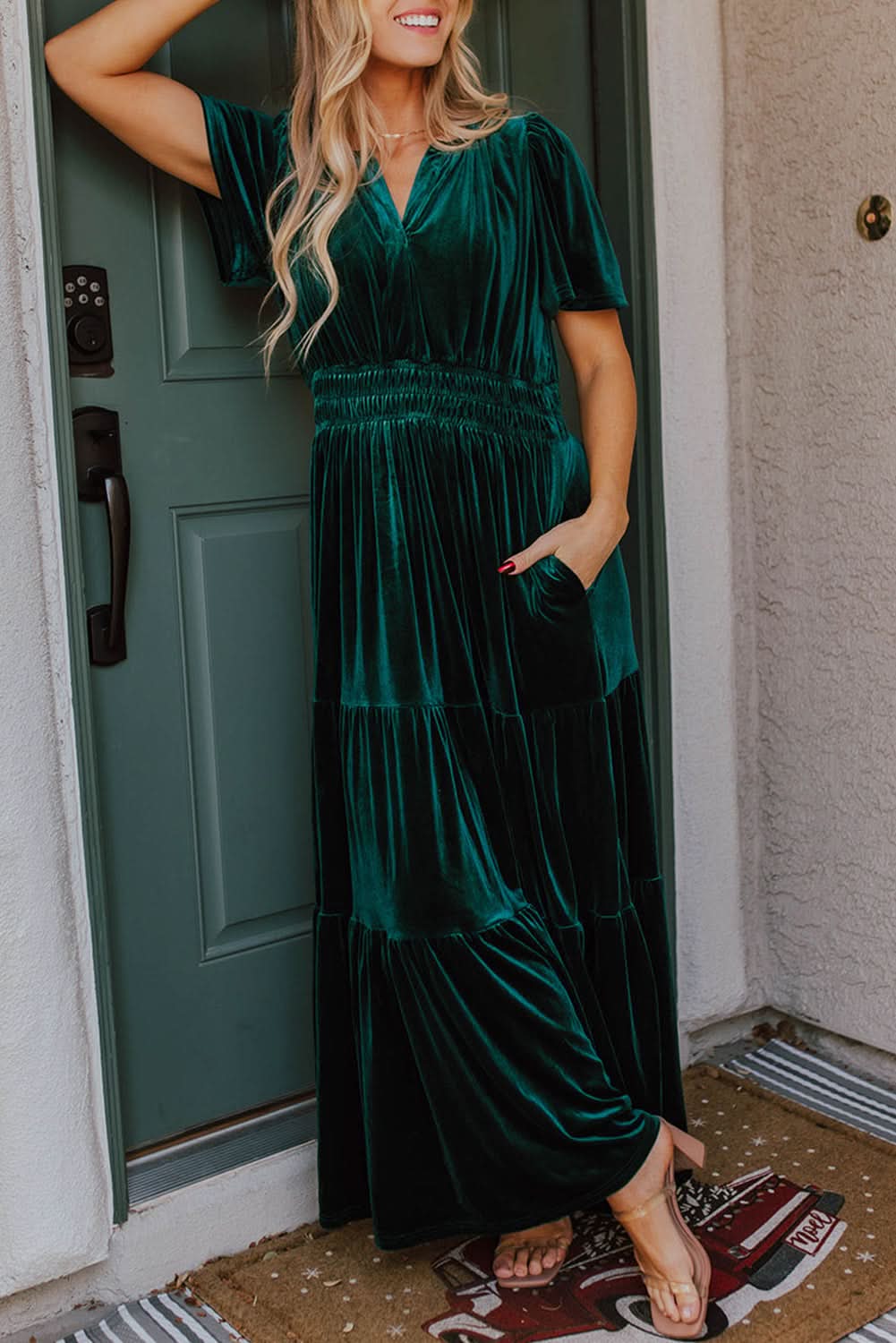 Evergreen velvet tiered maxi dress