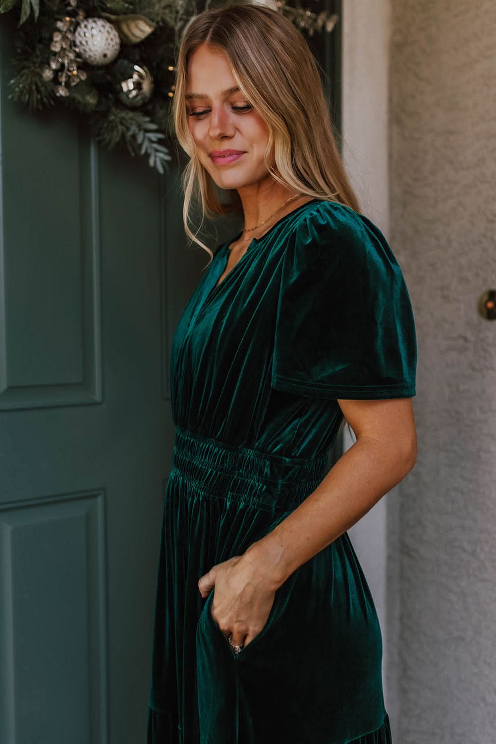 Evergreen velvet tiered maxi dress