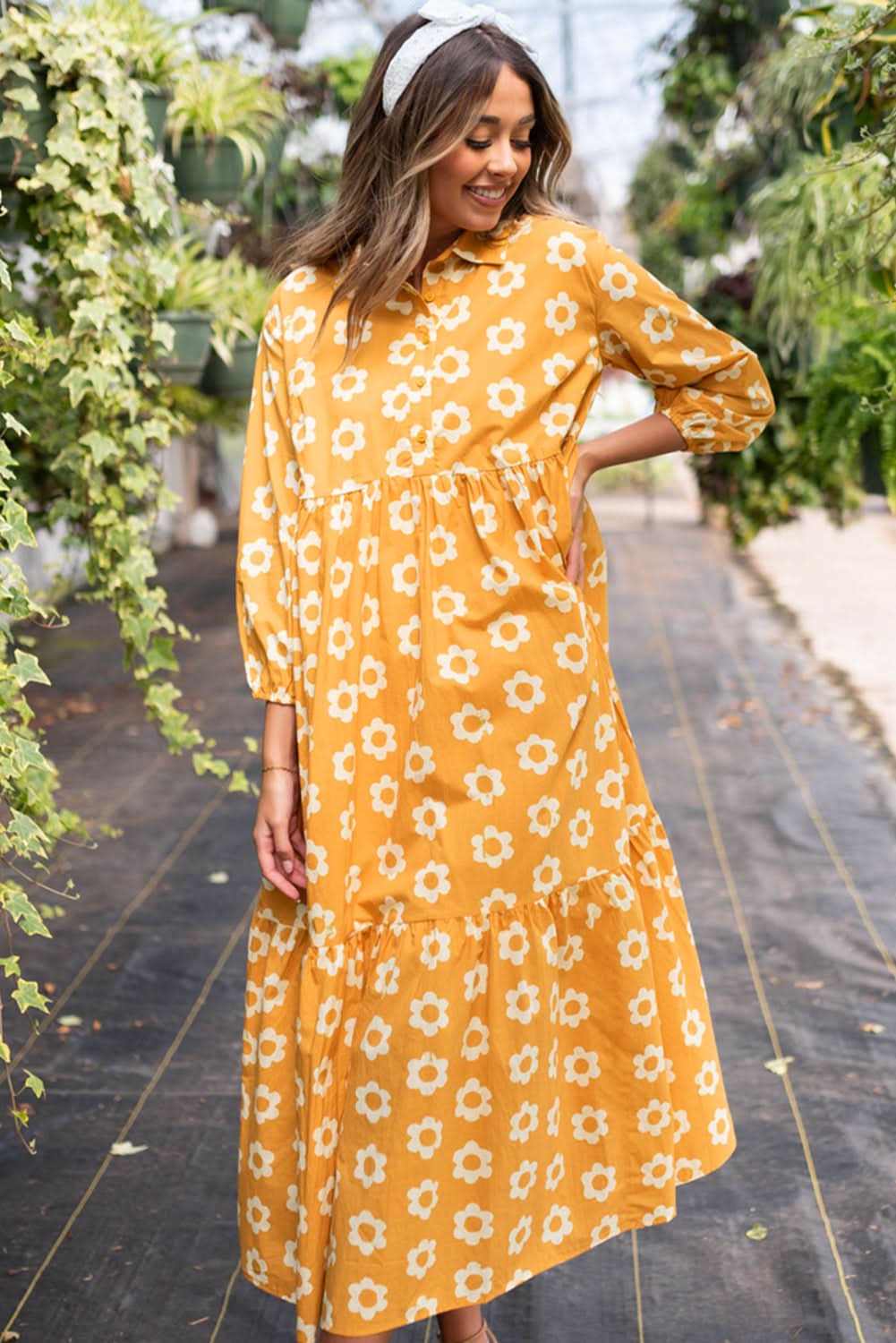 Floral Collared Maxi Dress - Yellow