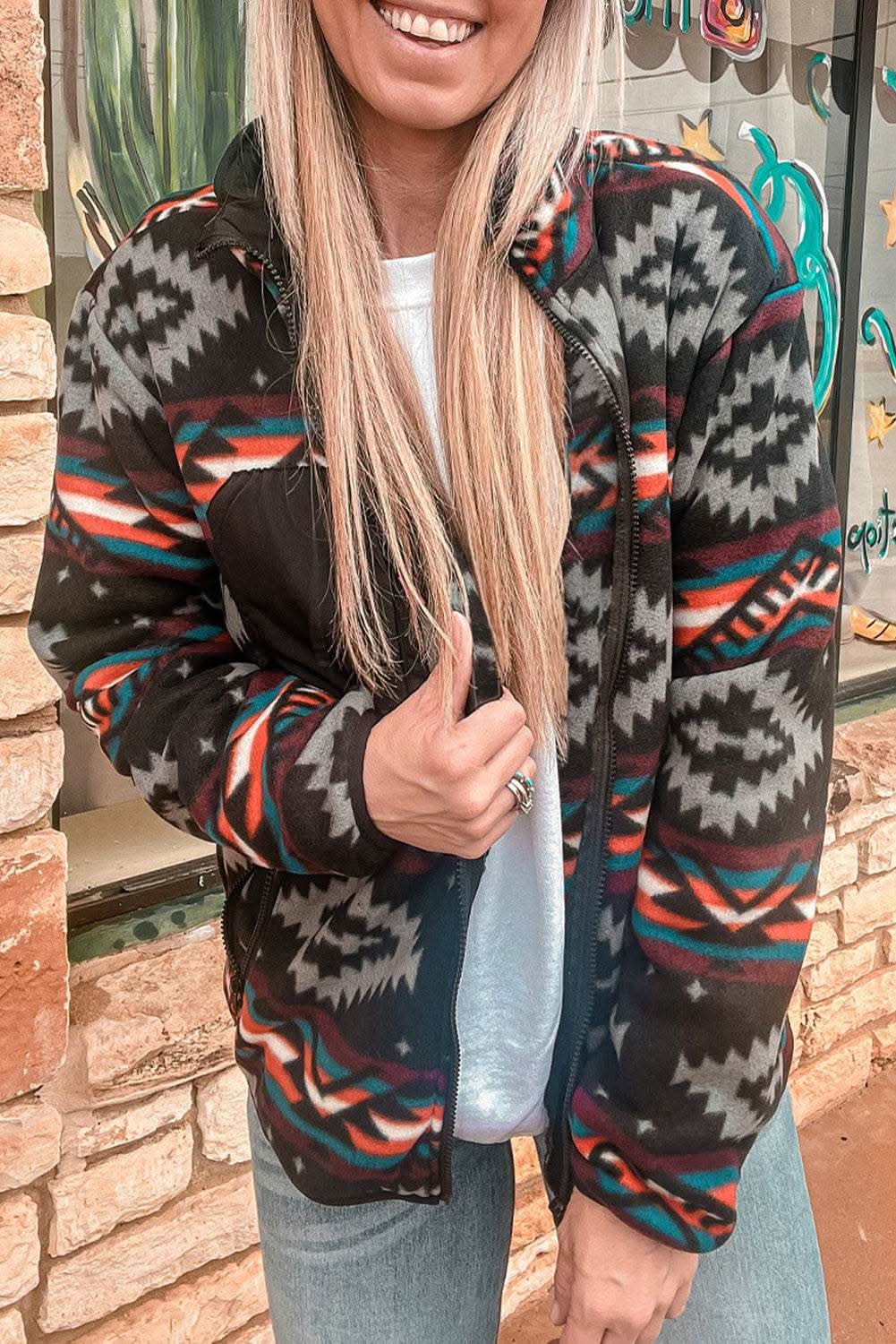 Boho black aztec zip collar jacket