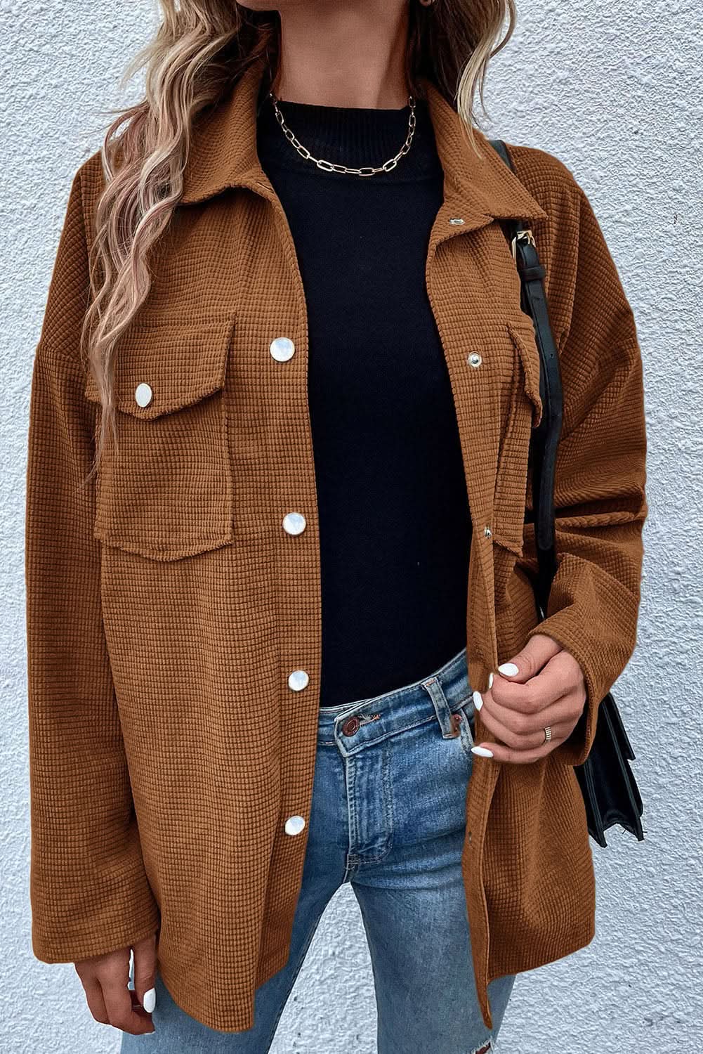 Brown textured shacket with pockets