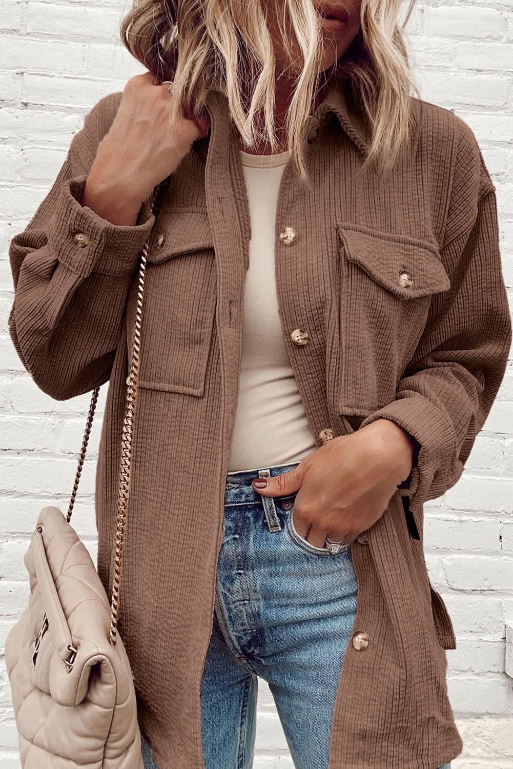 Cozy chestnut corduroy shacket