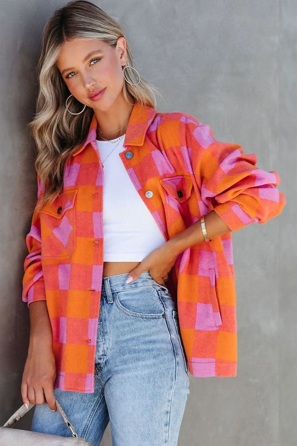Orange plaid button-up jacket