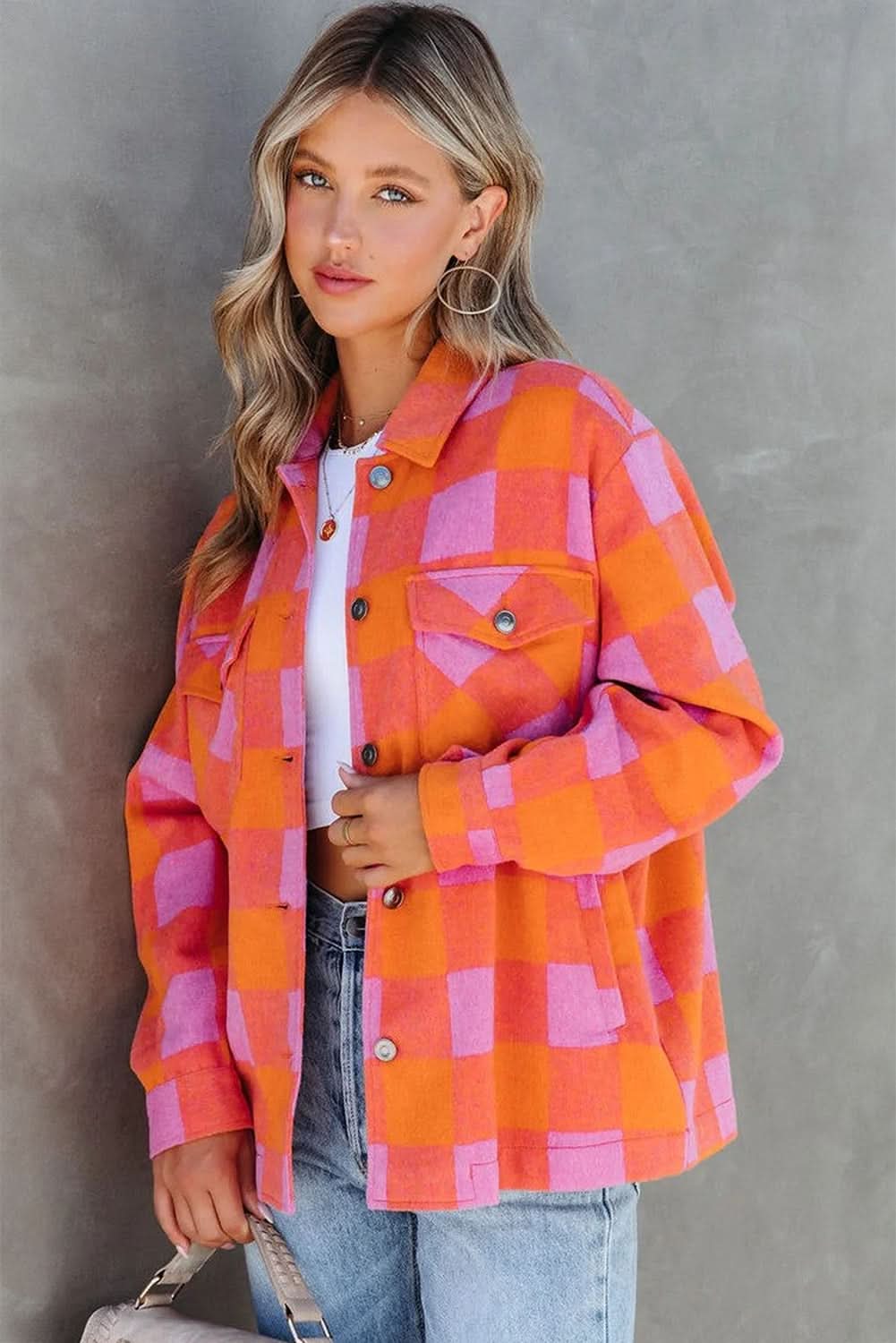 Orange plaid button-up jacket