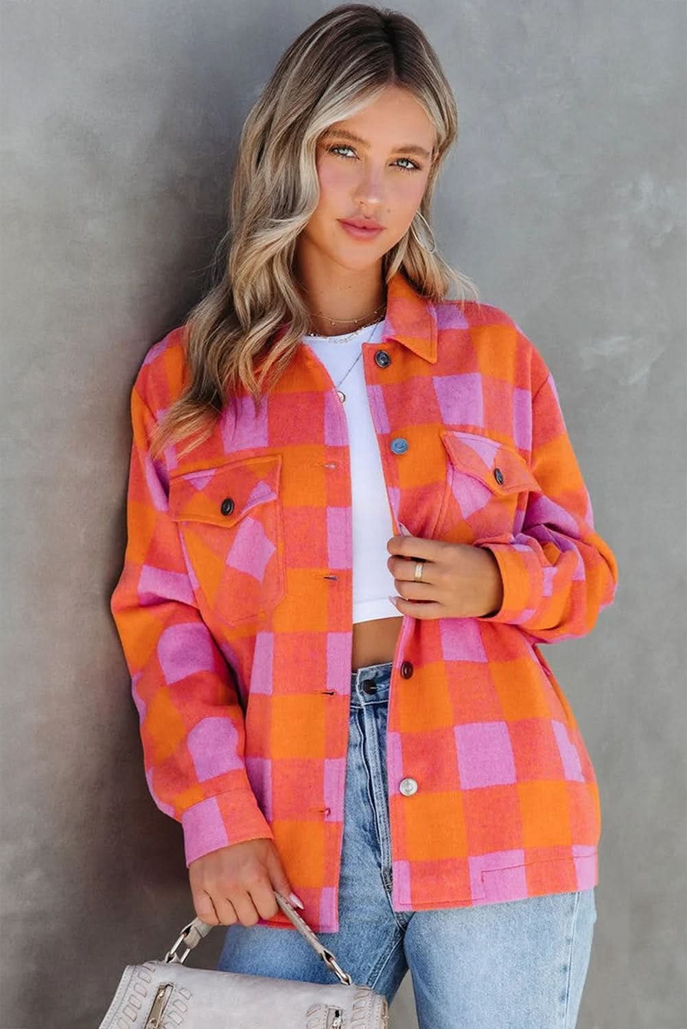 Orange plaid button-up jacket