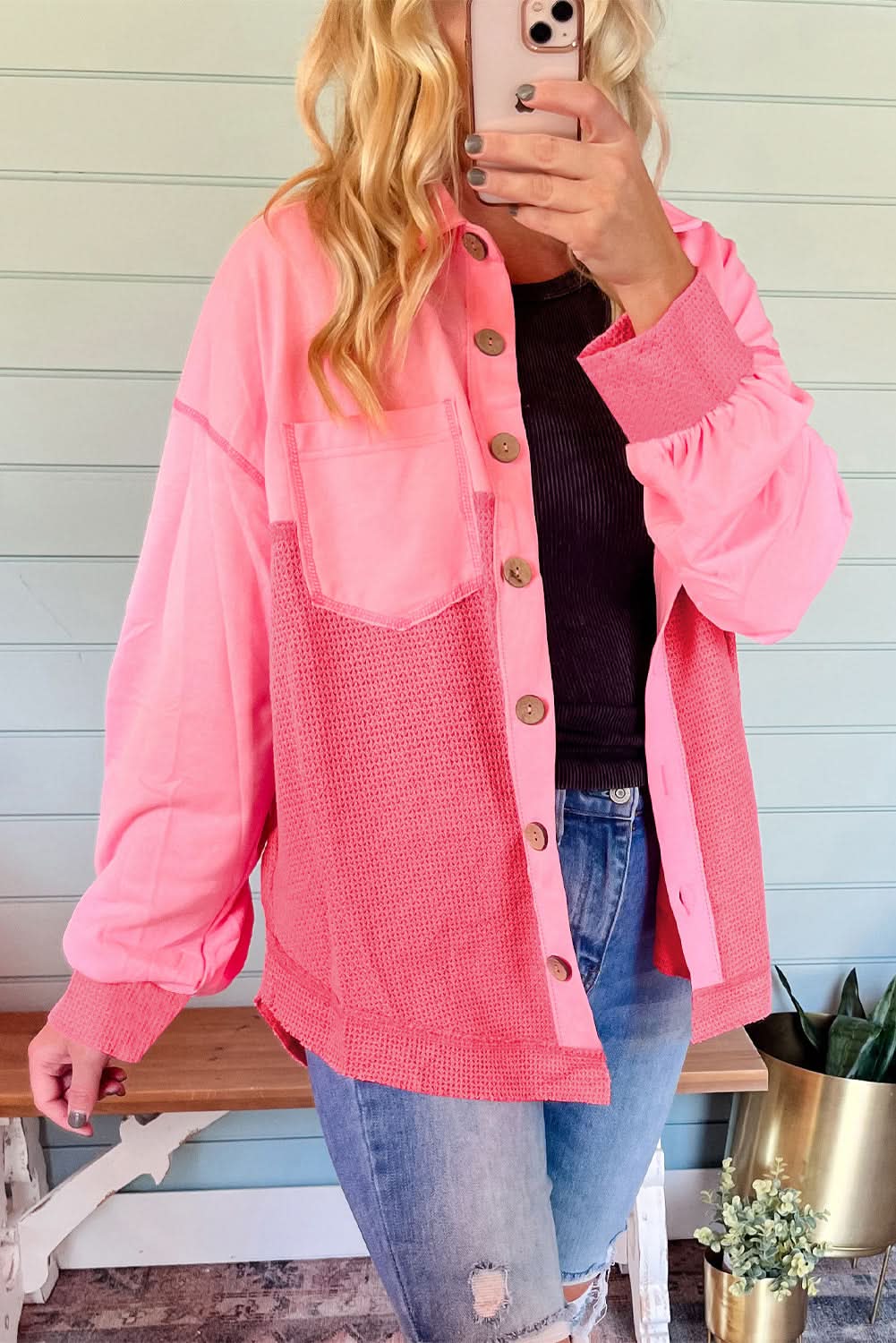 Peach Blossom Waffle Knit Shacket
