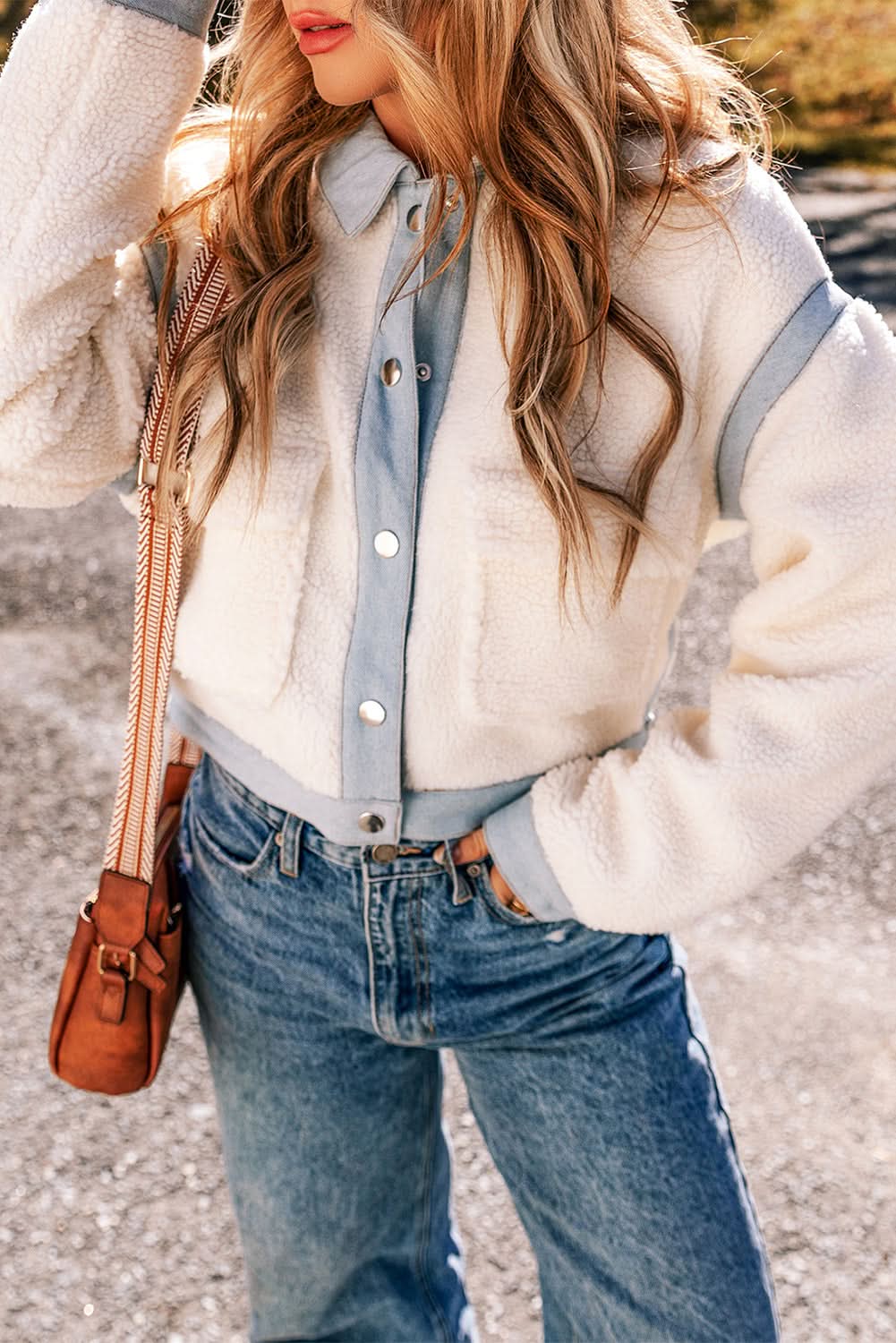 Chic white sherpa jacket with contrast trim