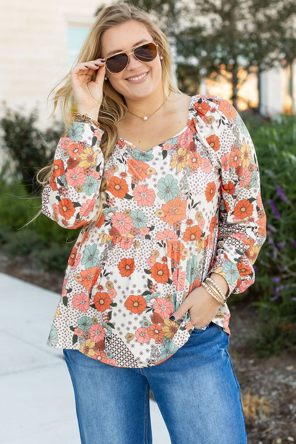 Khaki floral plus size peplum blouse