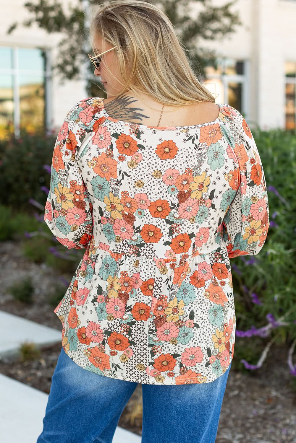 Khaki floral plus size peplum blouse
