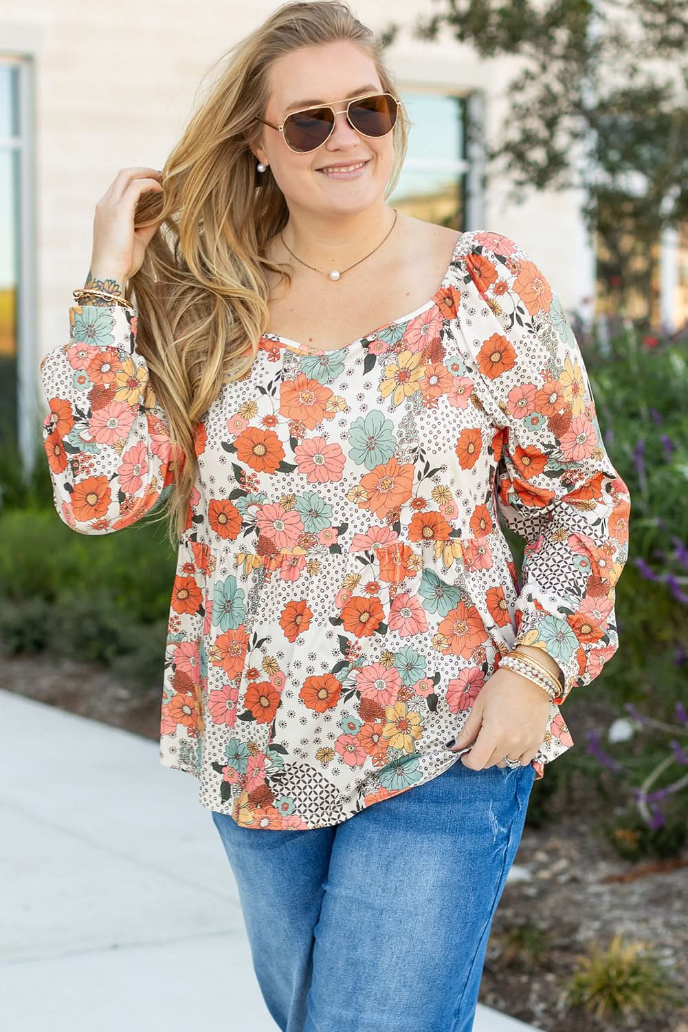 Khaki floral plus size peplum blouse