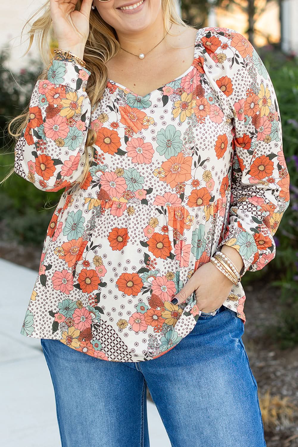 Khaki floral plus size peplum blouse