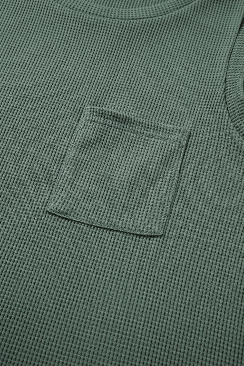 Mist Green Waffle Knit Patched Pocket Tank and Drawstring Shorts Set