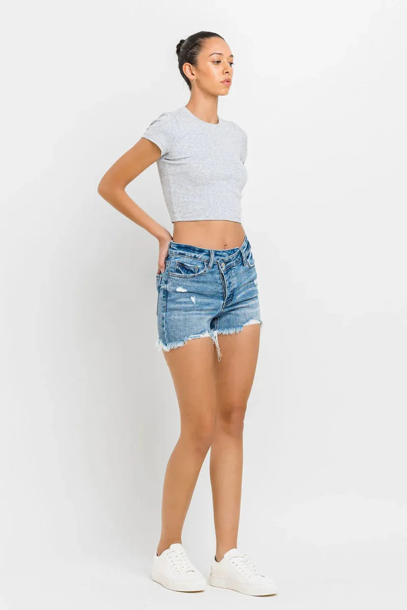 Lovervet Stepped Waist Raw Hem Denim Shorts for Women