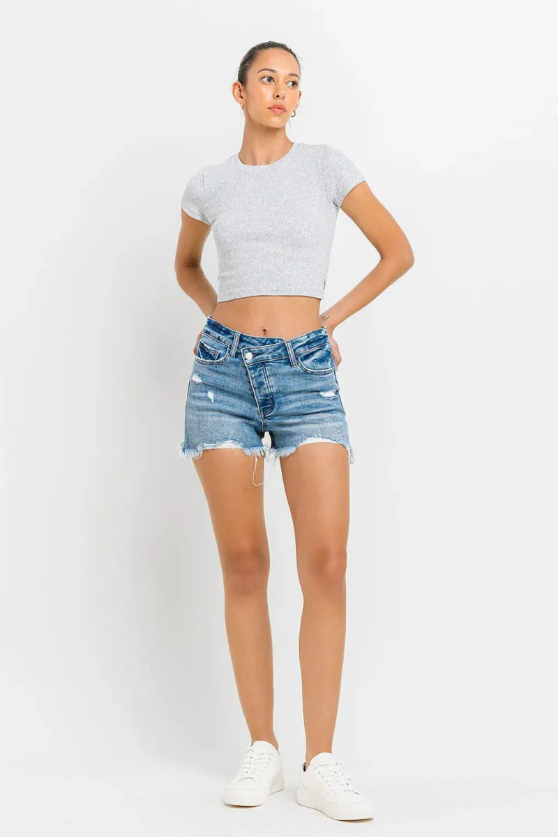 Lovervet Stepped Waist Raw Hem Denim Shorts for Women