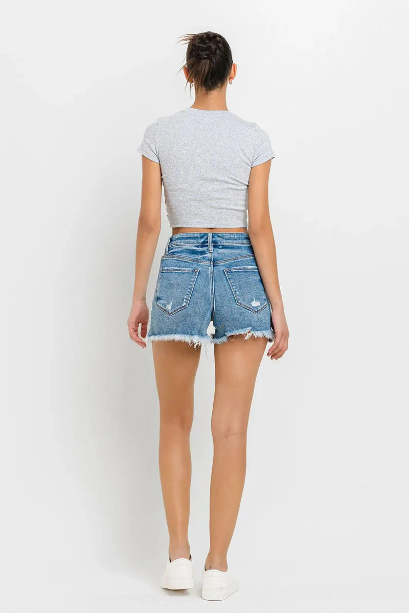 Lovervet Stepped Waist Raw Hem Denim Shorts for Women