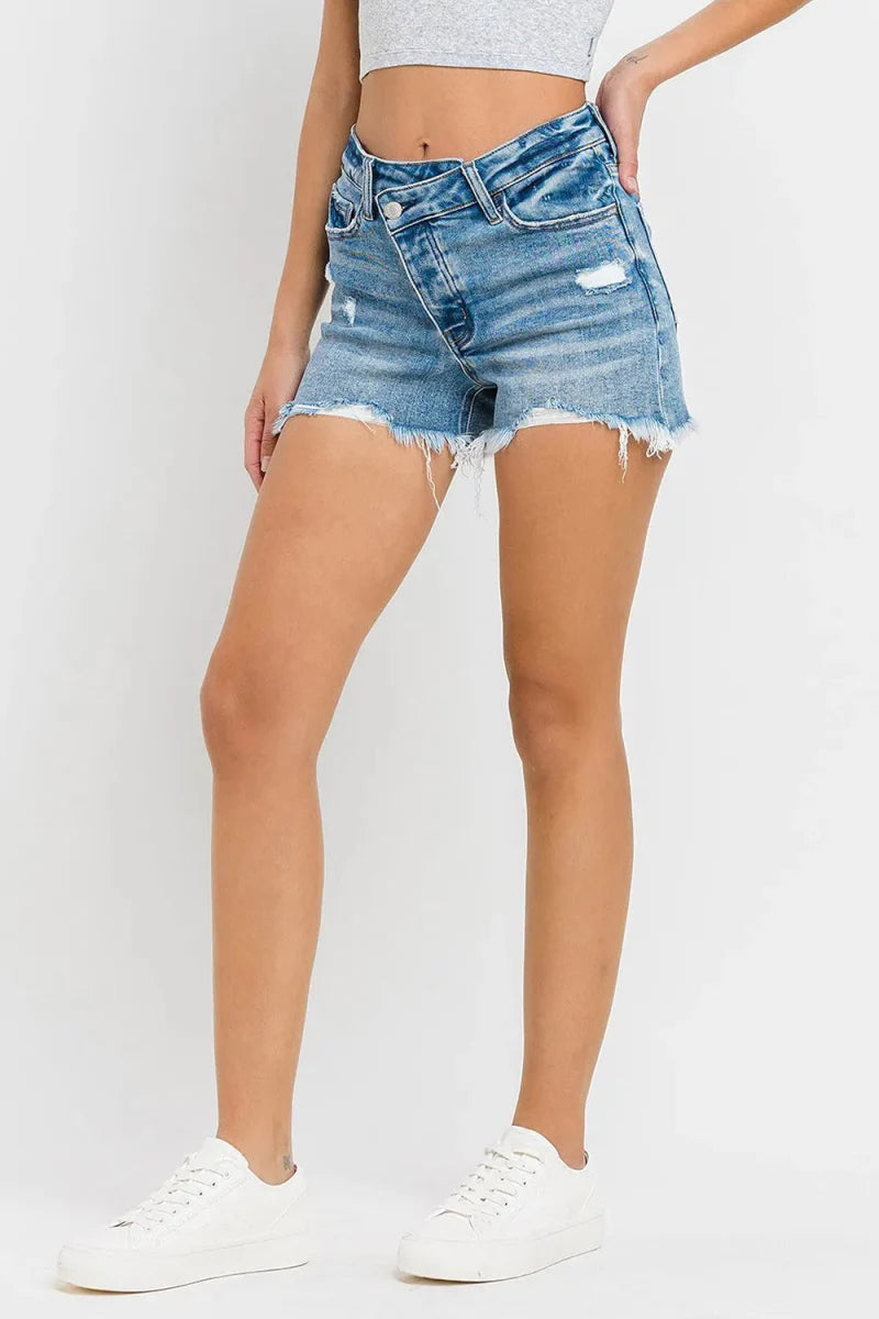 Lovervet Stepped Waist Raw Hem Denim Shorts for Women