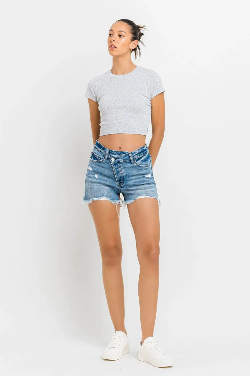 Lovervet Stepped Waist Raw Hem Denim Shorts for Women