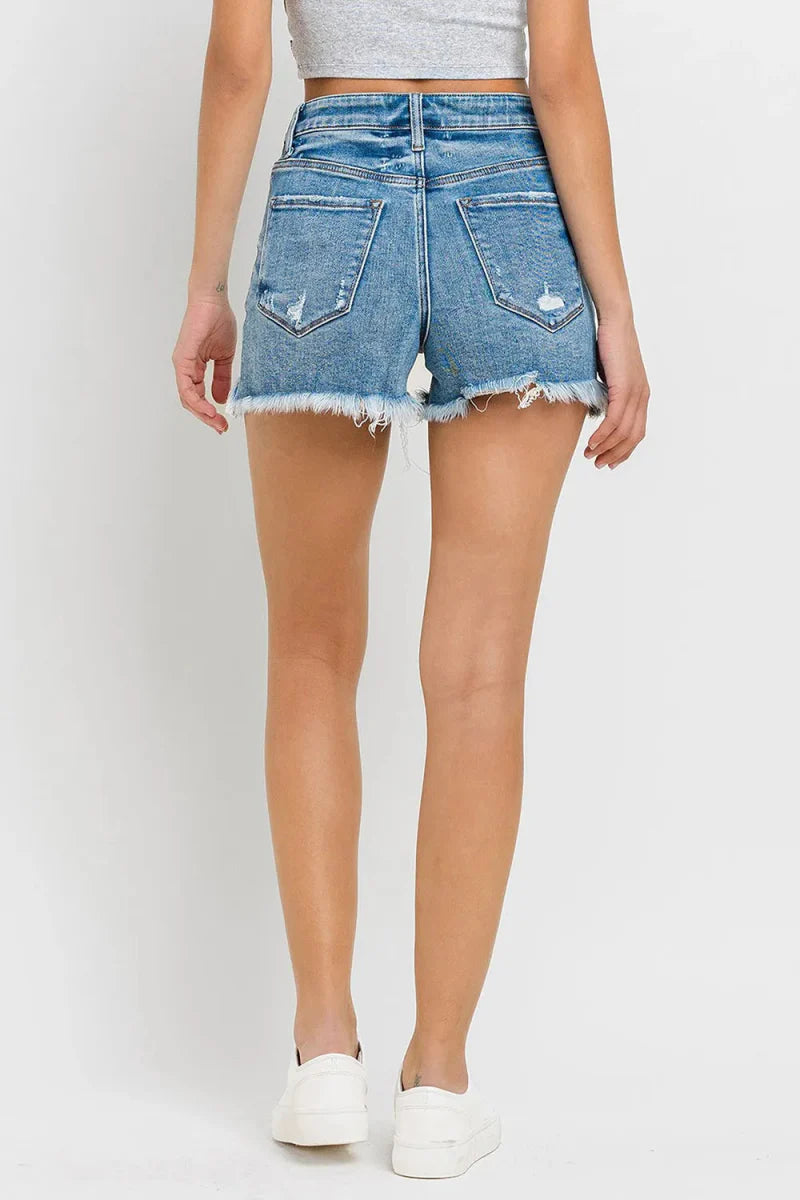 Lovervet Stepped Waist Raw Hem Denim Shorts for Women
