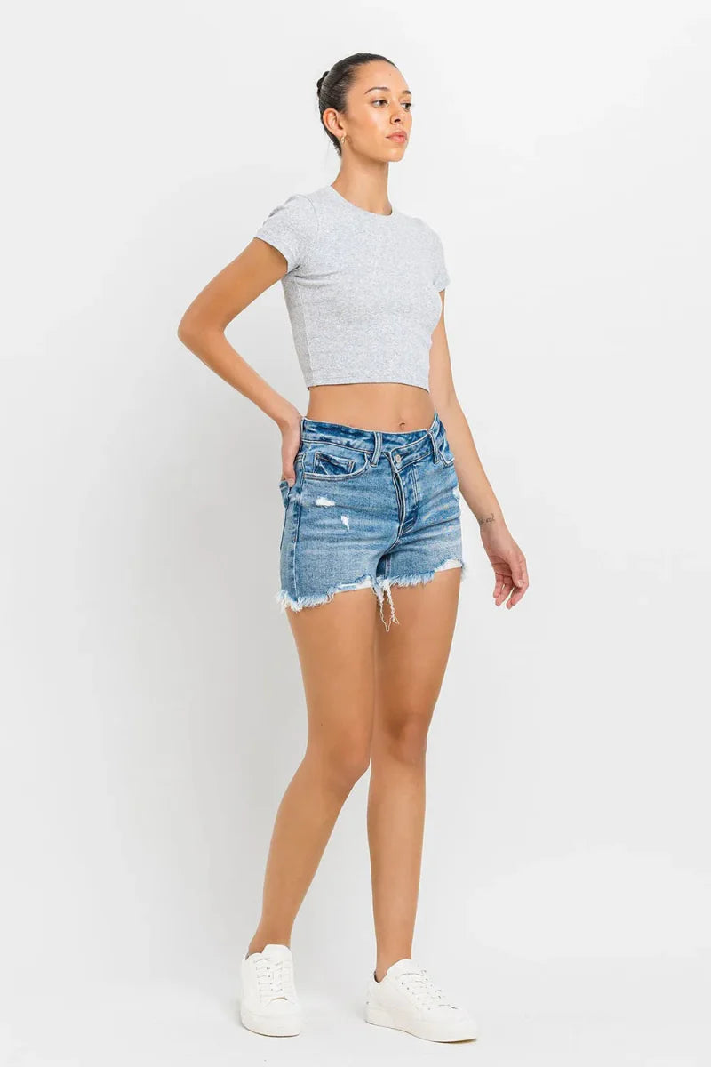 Lovervet Stepped Waist Raw Hem Denim Shorts for Women