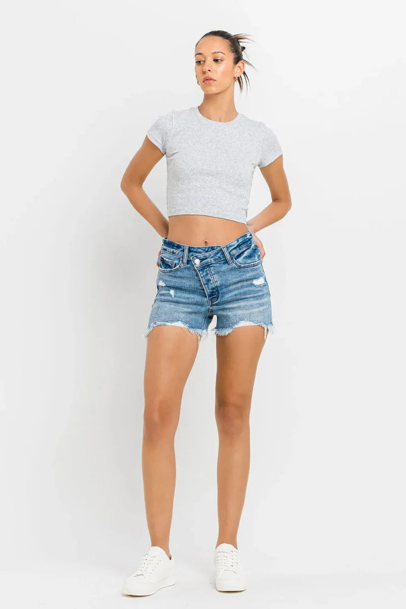 Lovervet Stepped Waist Raw Hem Denim Shorts for Women
