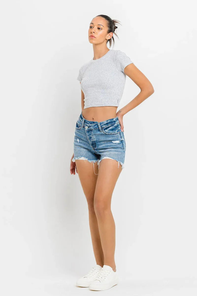 Lovervet Stepped Waist Raw Hem Denim Shorts for Women