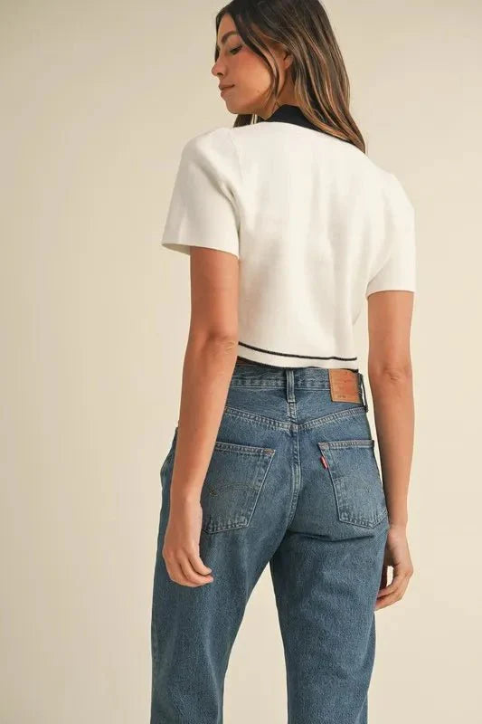 MABLE Button Down Contrast Collared Knit Cardigan