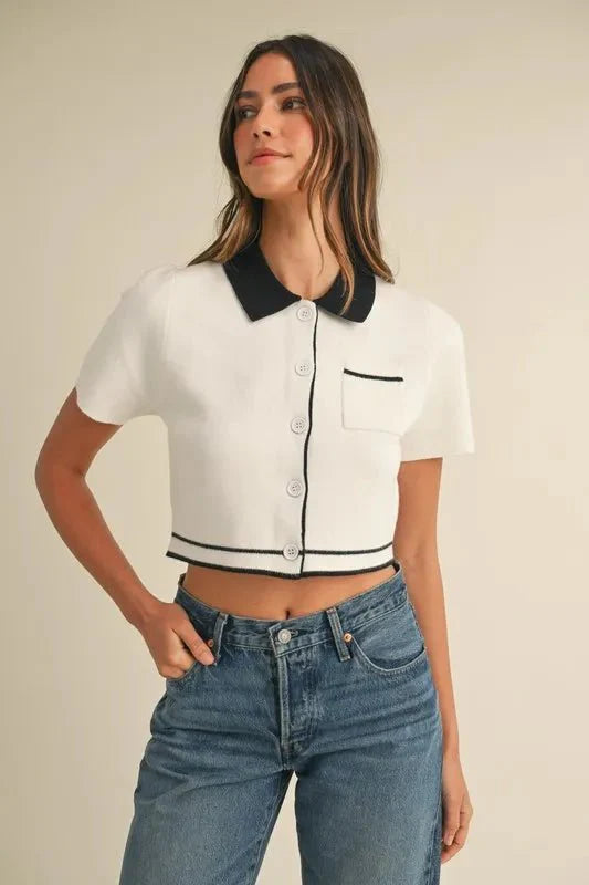 MABLE Button Down Contrast Collared Knit Cardigan