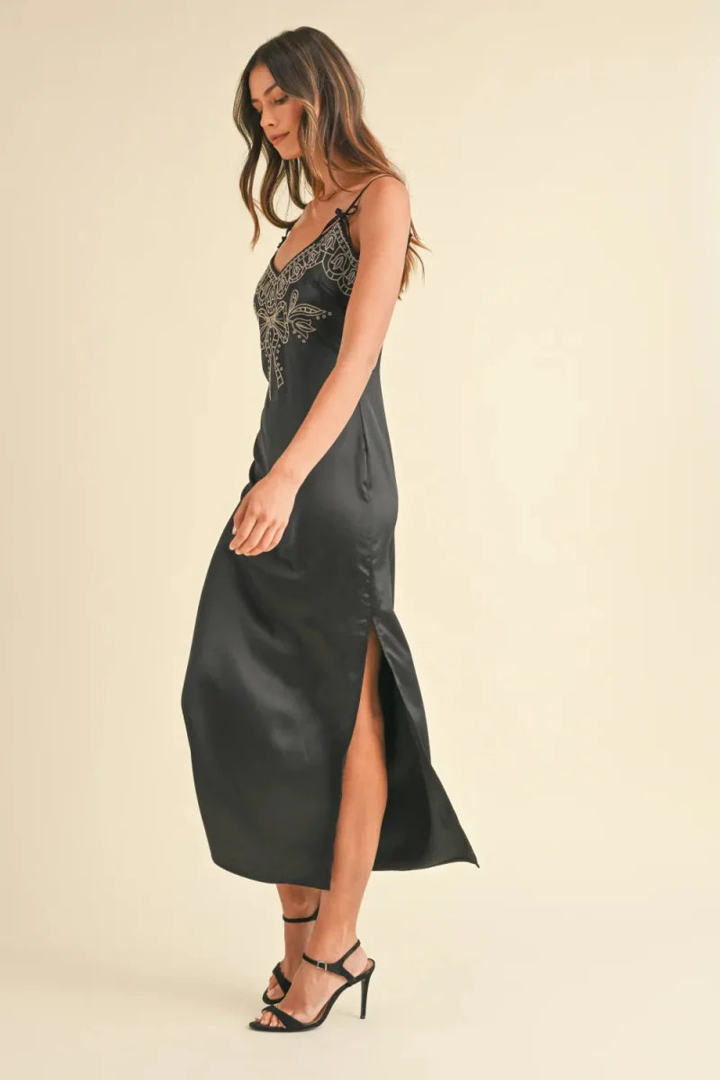 Mable Embroidered Cami Satin Midi Slit Dress for Elegance