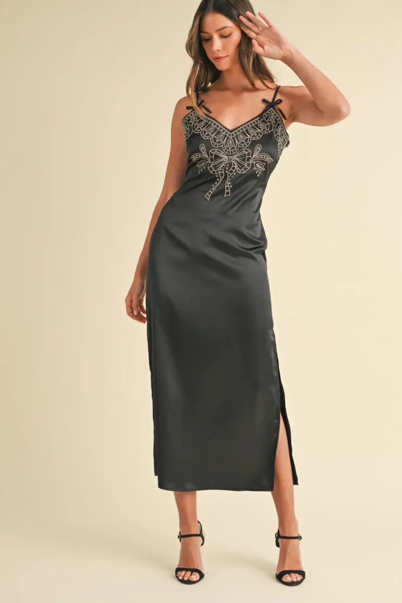 Mable Embroidered Cami Satin Midi Slit Dress for Elegance