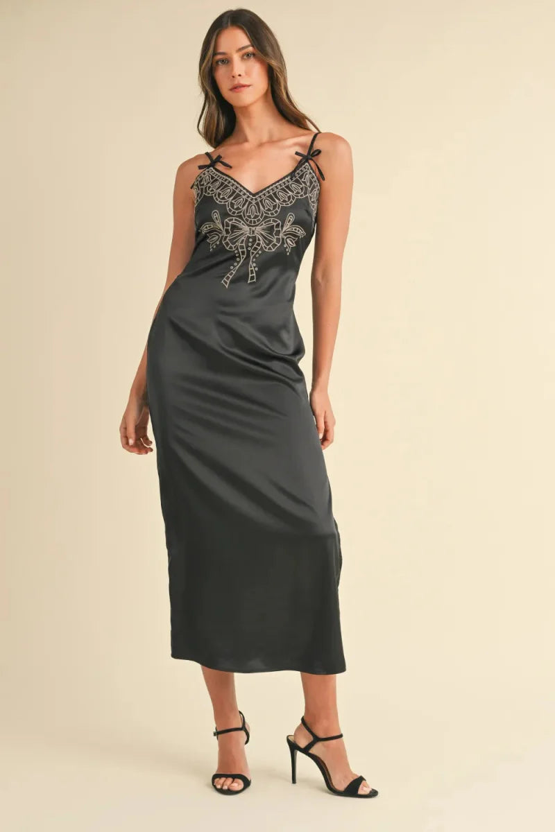 Mable Embroidered Cami Satin Midi Slit Dress for Elegance