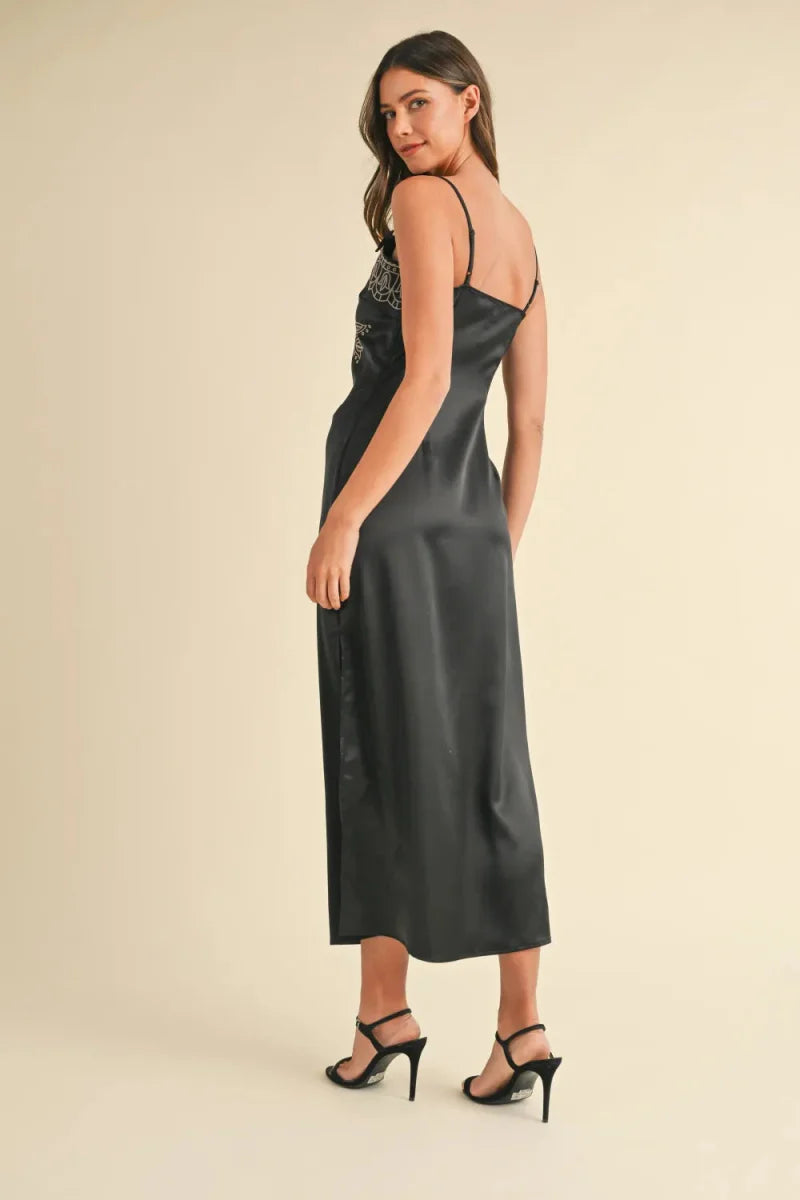 Mable Embroidered Cami Satin Midi Slit Dress for Elegance