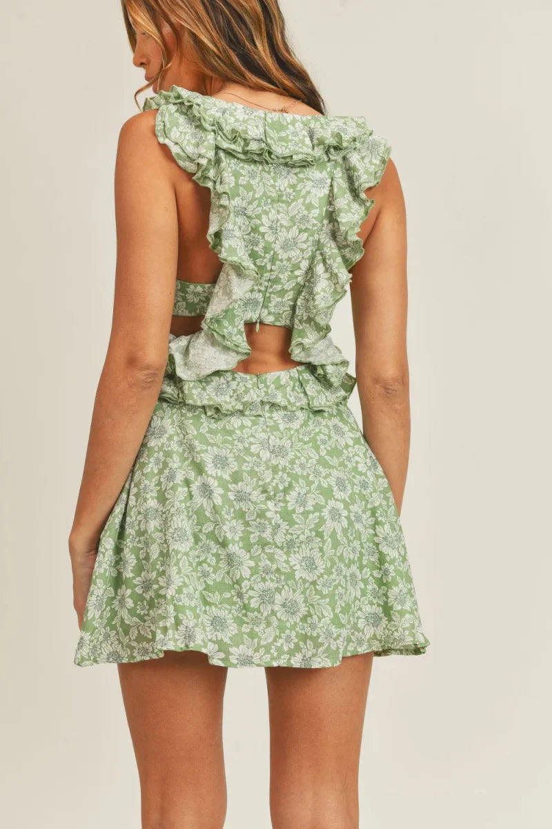MABLE Floral Side Cutout Ruffled Mini Dress for Summer Fun