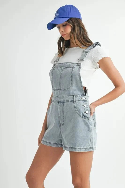 MABLE Square Neck Ruffle Shoulder Denim Overall Romper