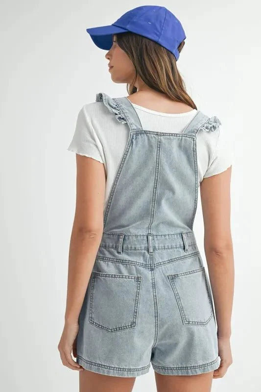 MABLE Square Neck Ruffle Shoulder Denim Overall Romper