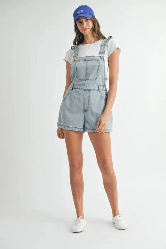MABLE Square Neck Ruffle Shoulder Denim Overall Romper