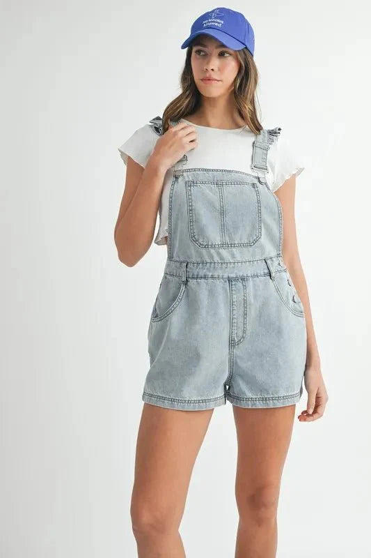 MABLE Square Neck Ruffle Shoulder Denim Overall Romper