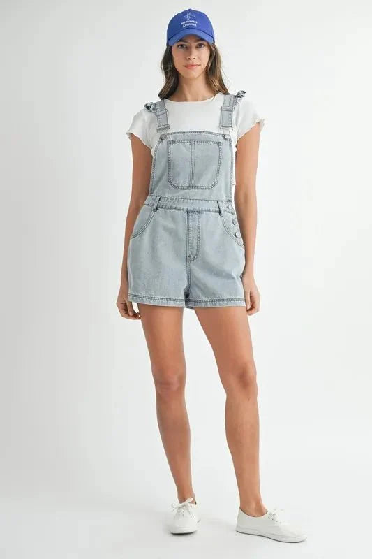 MABLE Square Neck Ruffle Shoulder Denim Overall Romper