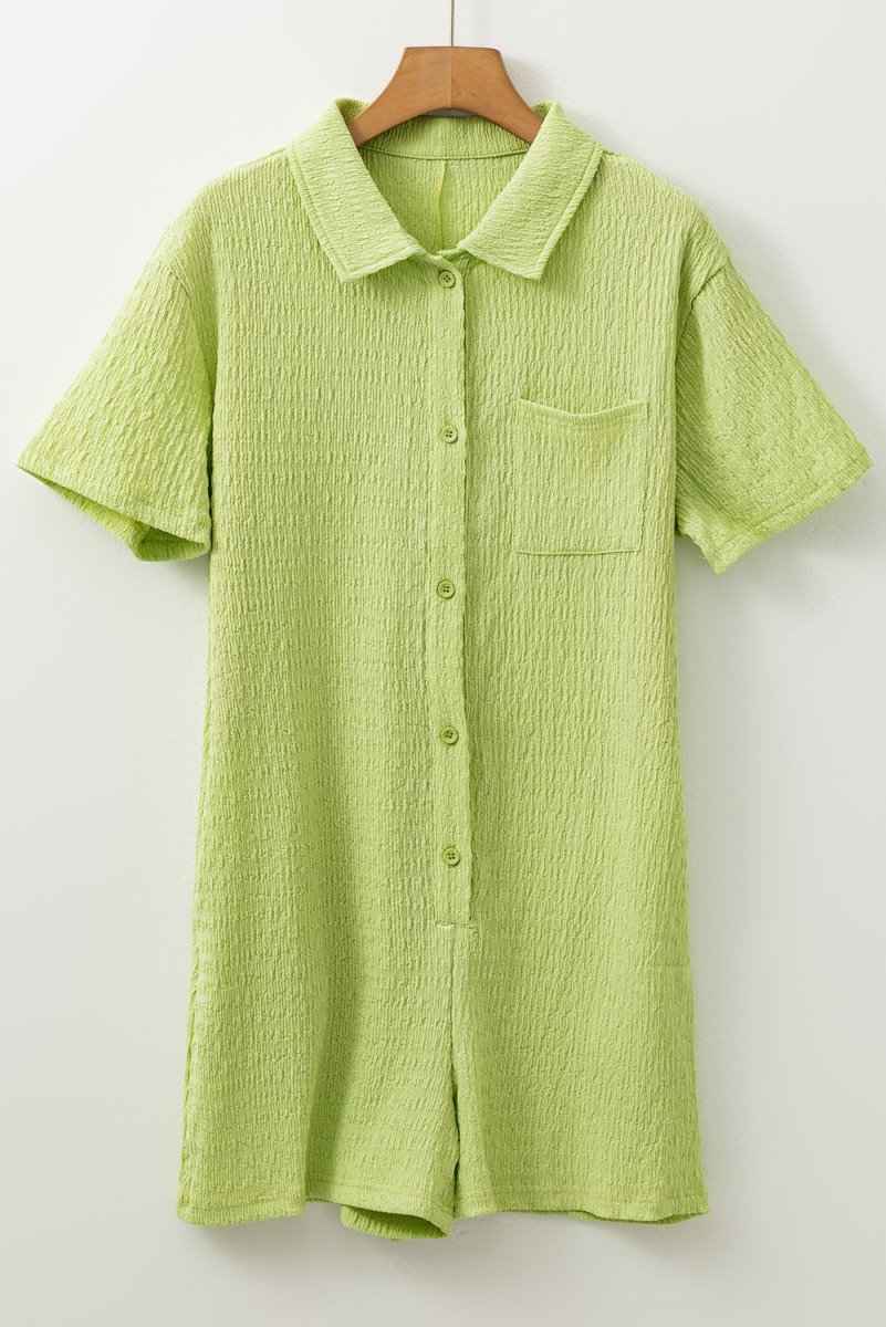 Meadow Mist Green Textured Short Sleeve Pocket Romper