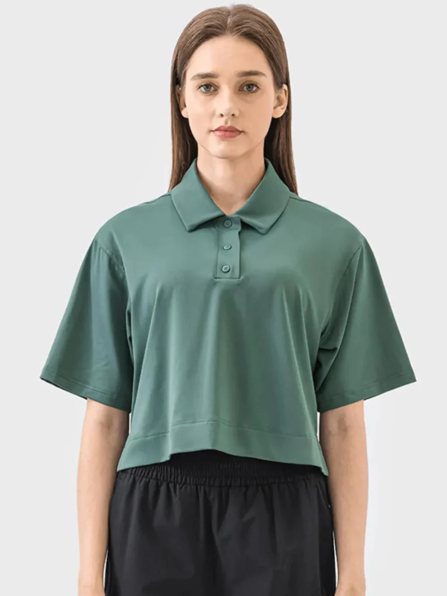 Millennia Half Button Short Sleeve Active T-Shirt for Women