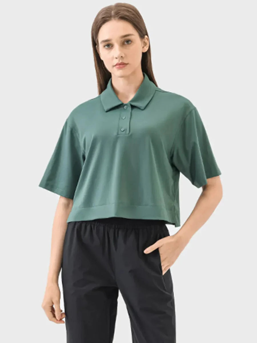 Millennia Half Button Short Sleeve Active T-Shirt for Women