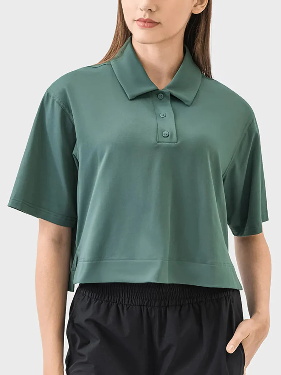 Millennia Half Button Short Sleeve Active T-Shirt for Women