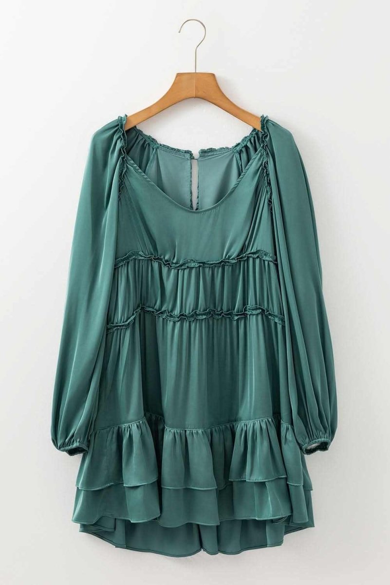 Mist Green Tiered Ruffled Puff Sleeve Loose Fit Mini Dress