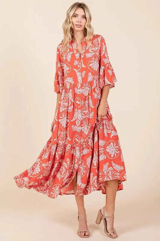Mittoshop Abstract Leaf Print Tiered Ruffle Dress Women