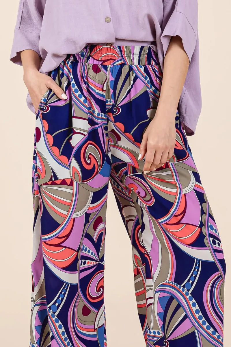 Mittoshop Abstract Print Elastic Waist Wide Leg Pants for Women