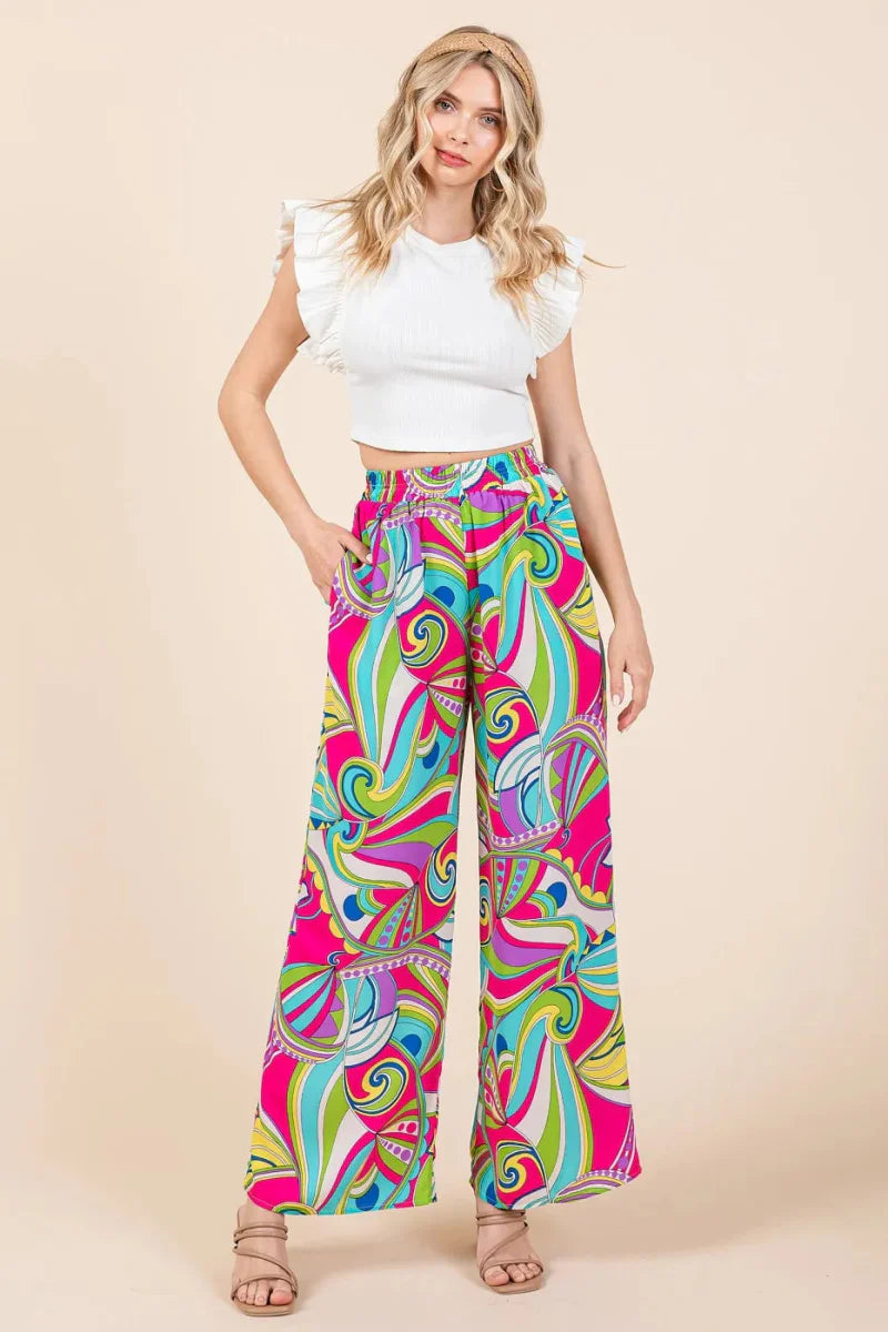 Mittoshop Abstract Print Elastic Waist Wide Leg Pants for Women