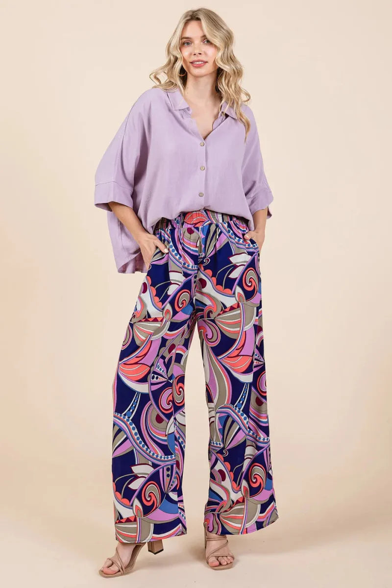 Mittoshop Abstract Print Elastic Waist Wide Leg Pants for Women