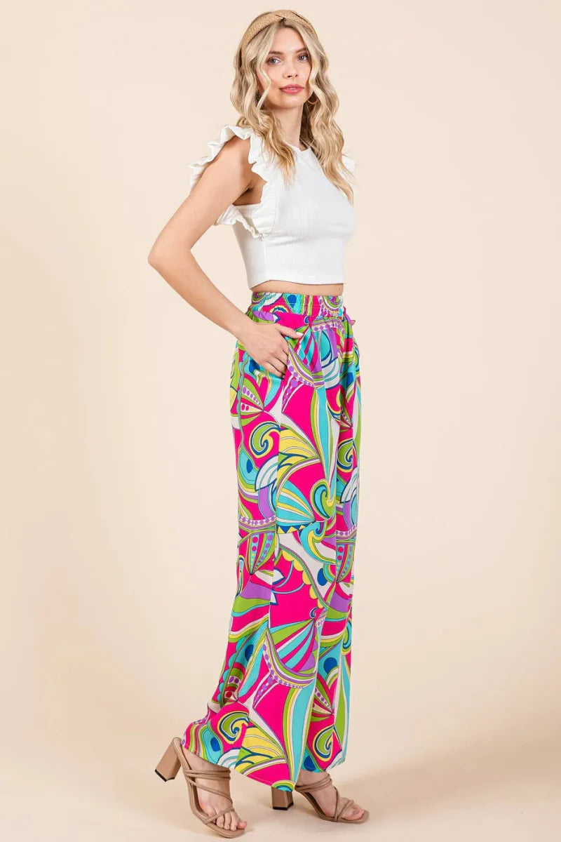 Mittoshop Abstract Print Elastic Waist Wide Leg Pants for Women