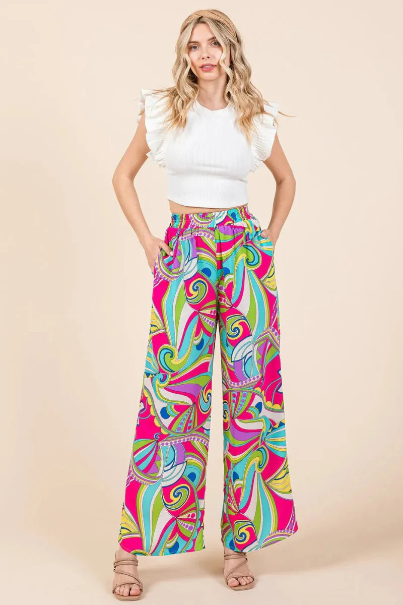 Mittoshop Abstract Print Elastic Waist Wide Leg Pants for Women