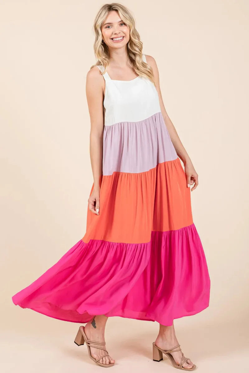 Mittoshop Color Block Tiered Pull-On Maxi Dress for Women