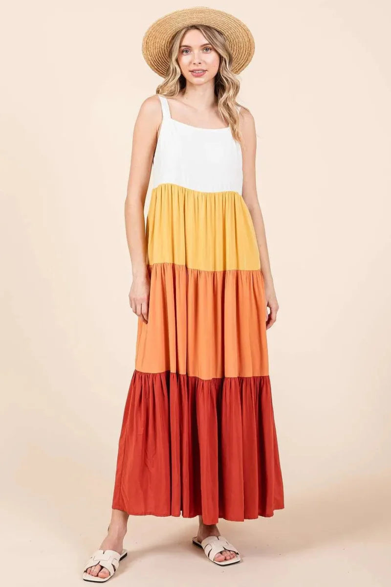 Mittoshop Color Block Tiered Pull-On Maxi Dress for Women